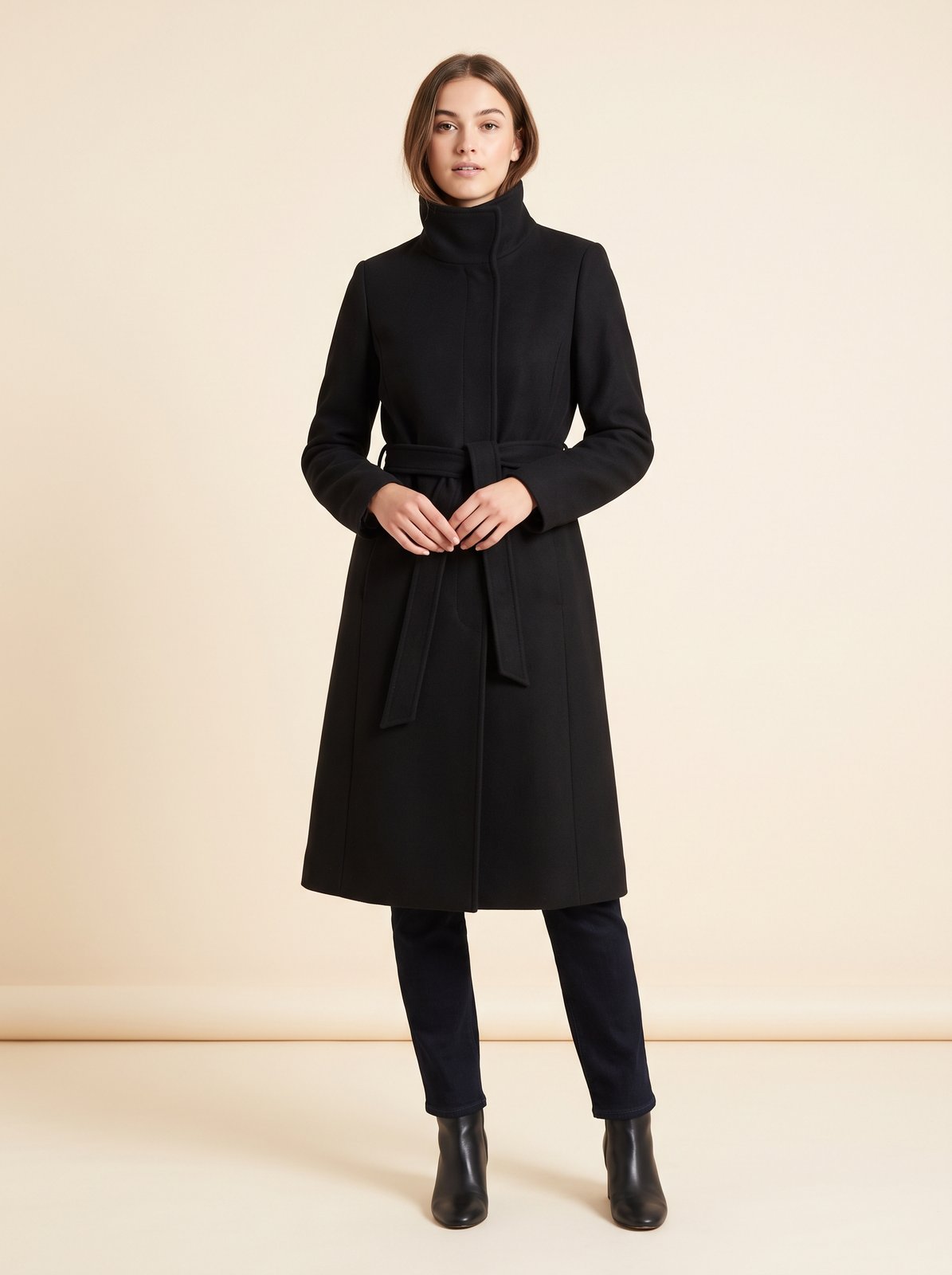 Black funnel neck belted trench coat by Lode Lane