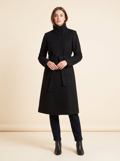 Black funnel neck belted trench coat by Lode Lane