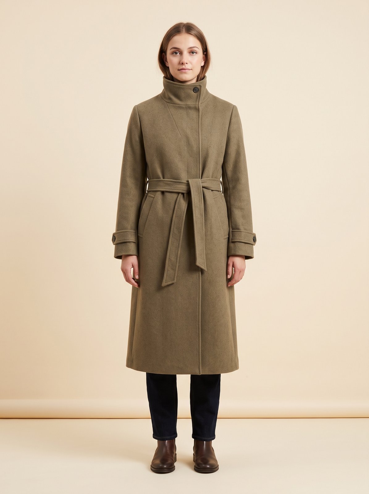 Khaki funnel neck belted trench coat by Lode Lane