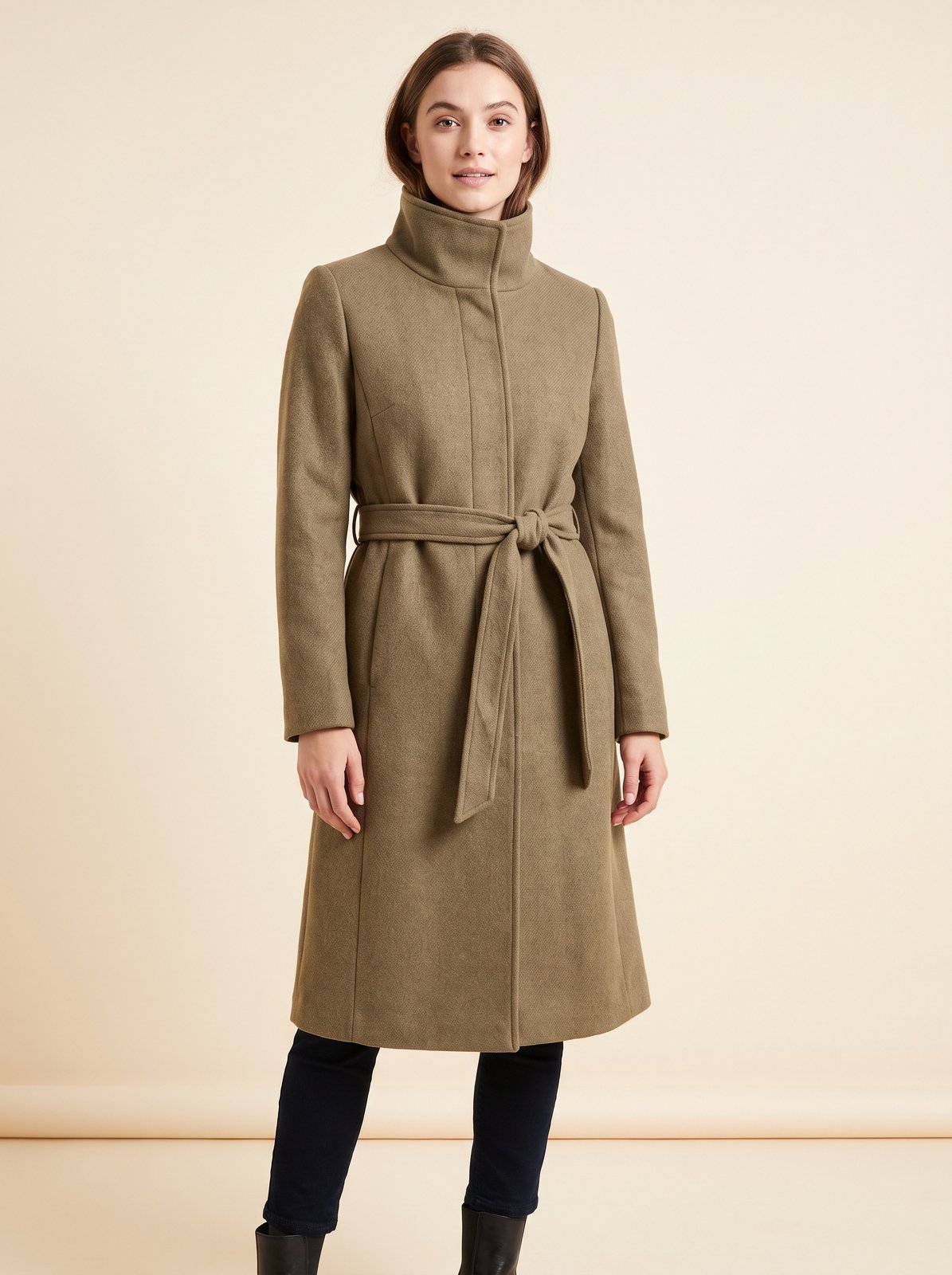 Khaki funnel neck belted trench coat by Lode Lane