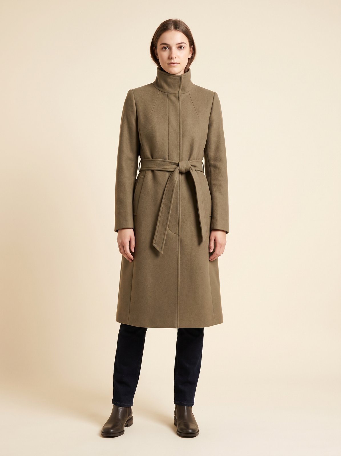 Khaki funnel neck belted trench coat by Lode Lane