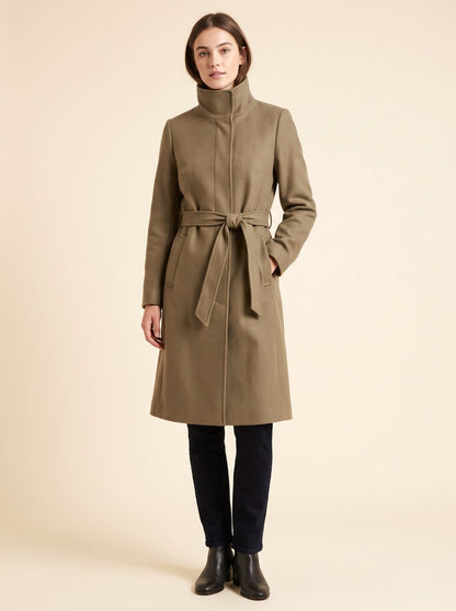 Khaki funnel neck belted trench coat by Lode Lane