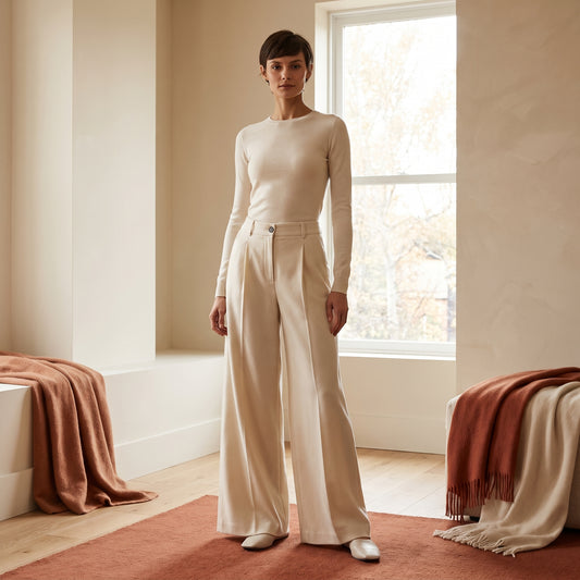 Juliet cream pleated wide-leg wool trousers worn with a knit by The Lode Lane