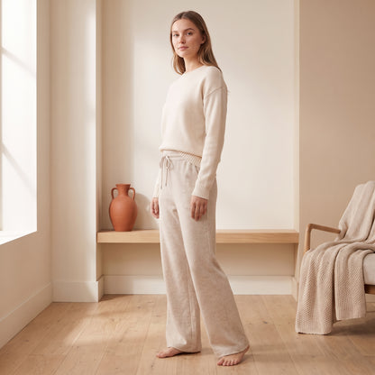 Remy oatmeal wide-leg lounge jogger side view by The Lode Lane