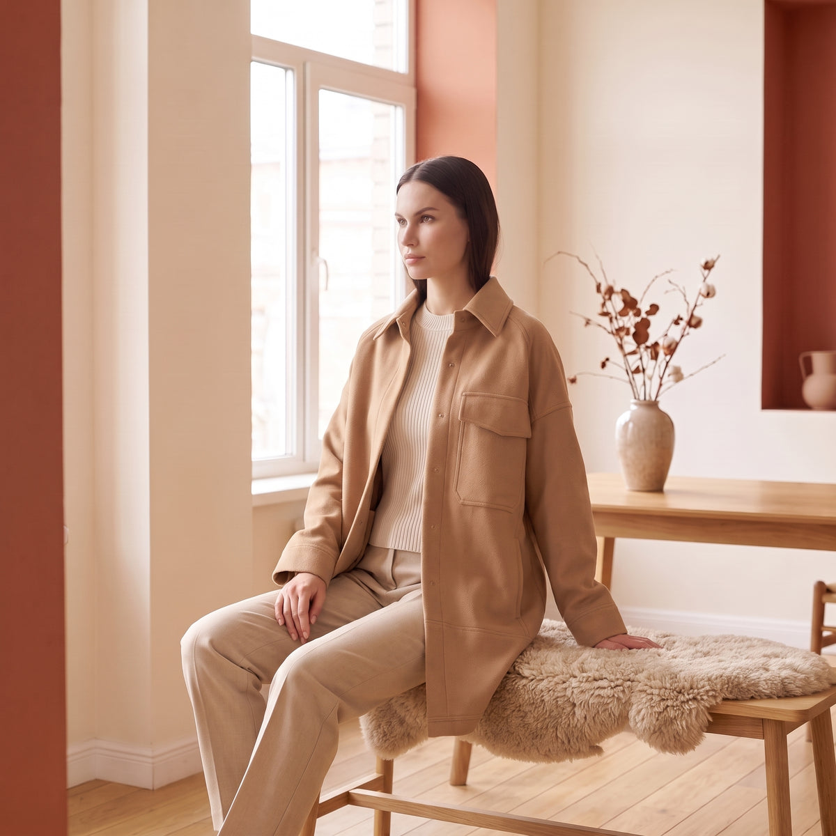 Leona camel wool shacket seated by The Lode Lane