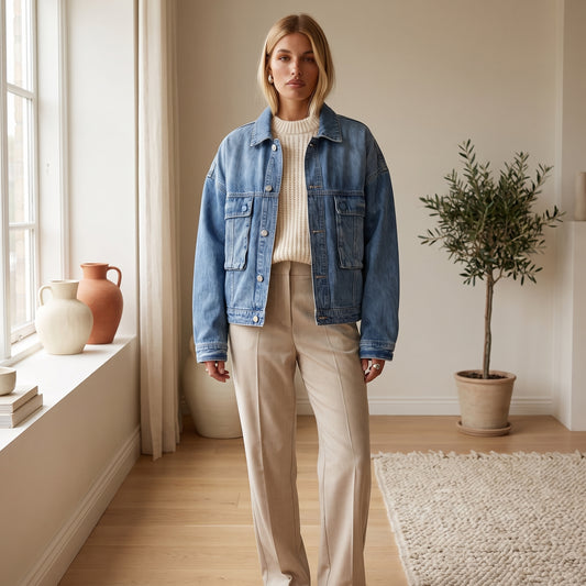Sienna oversized mid-blue denim jacket over a cream knit by The Lode Lane