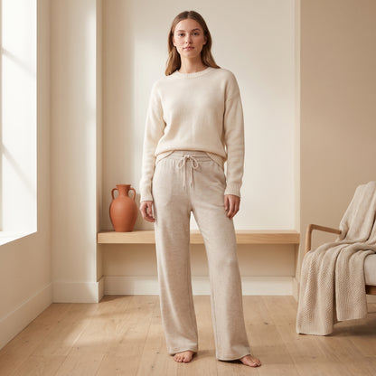 Remy oatmeal wide-leg lounge jogger with a cream knit by The Lode Lane