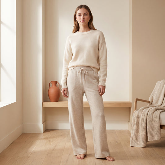 Remy oatmeal wide-leg lounge jogger with a cream knit by The Lode Lane