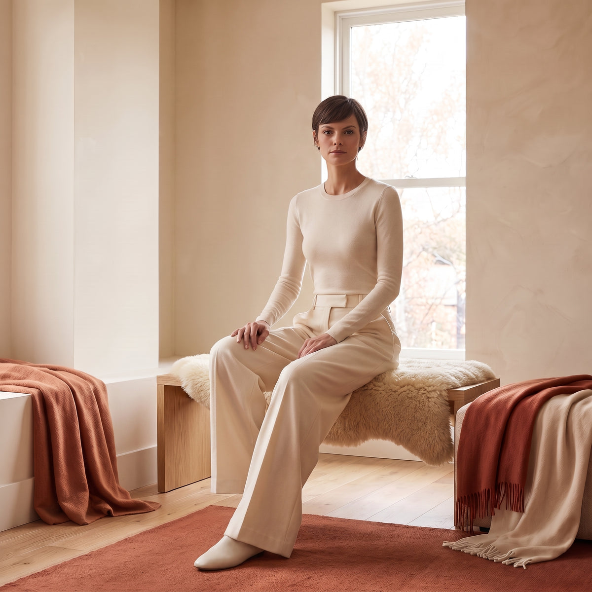 Juliet cream pleated wide-leg trousers seated by The Lode Lane