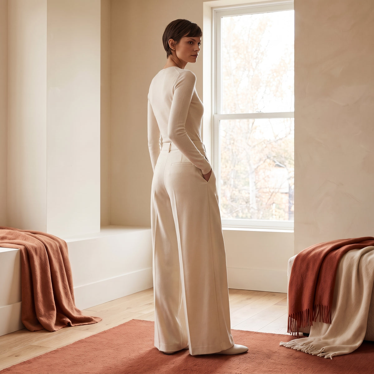 Juliet cream pleated wide-leg trousers side view by The Lode Lane