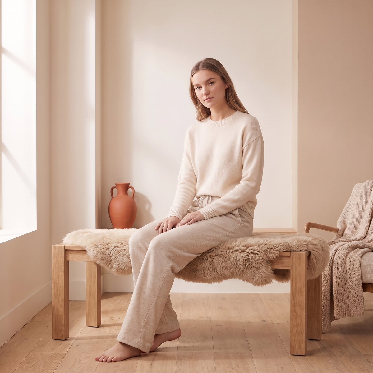Remy oatmeal wide-leg lounge jogger seated by The Lode Lane