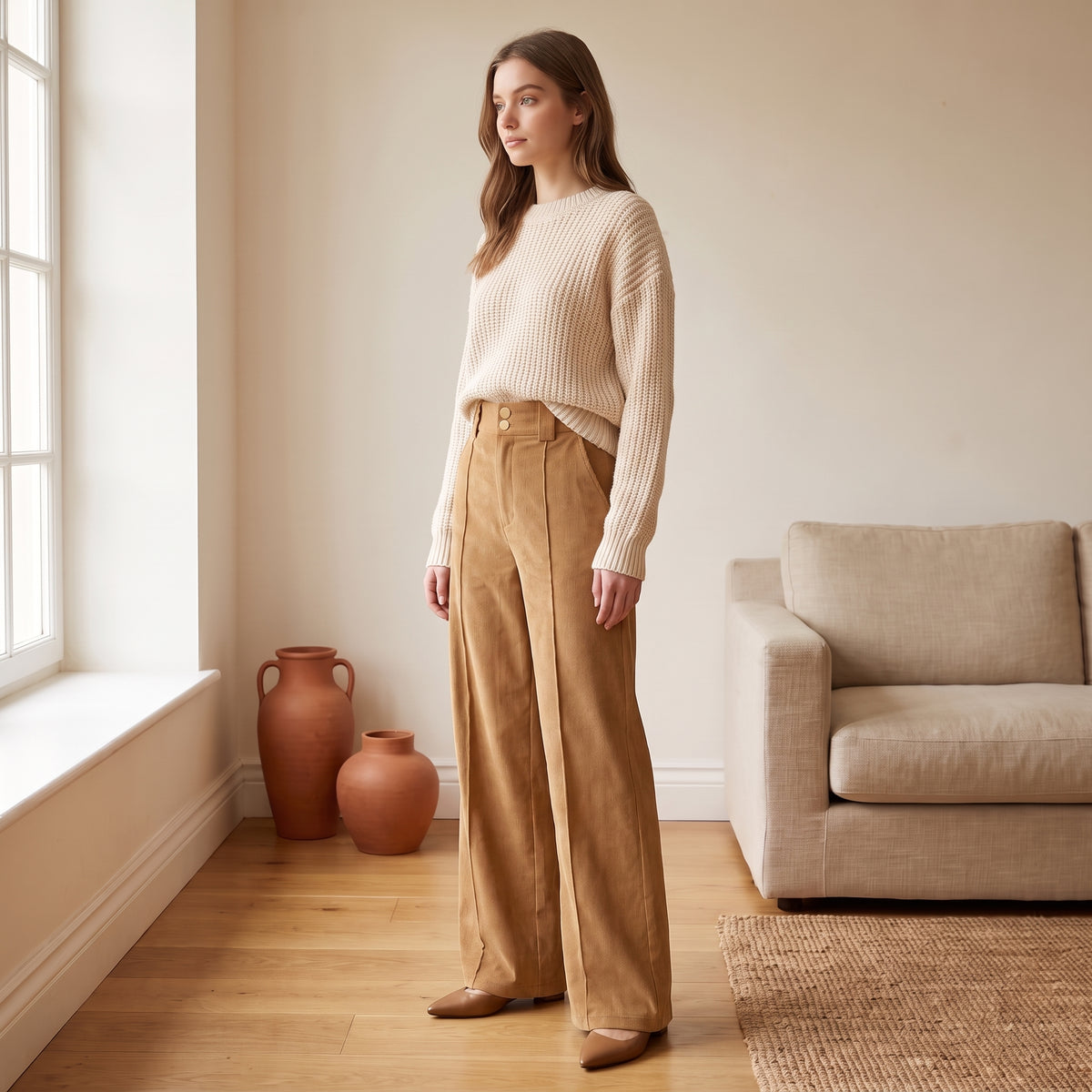 Elodie camel wide-leg corduroy pants side view by The Lode Lane