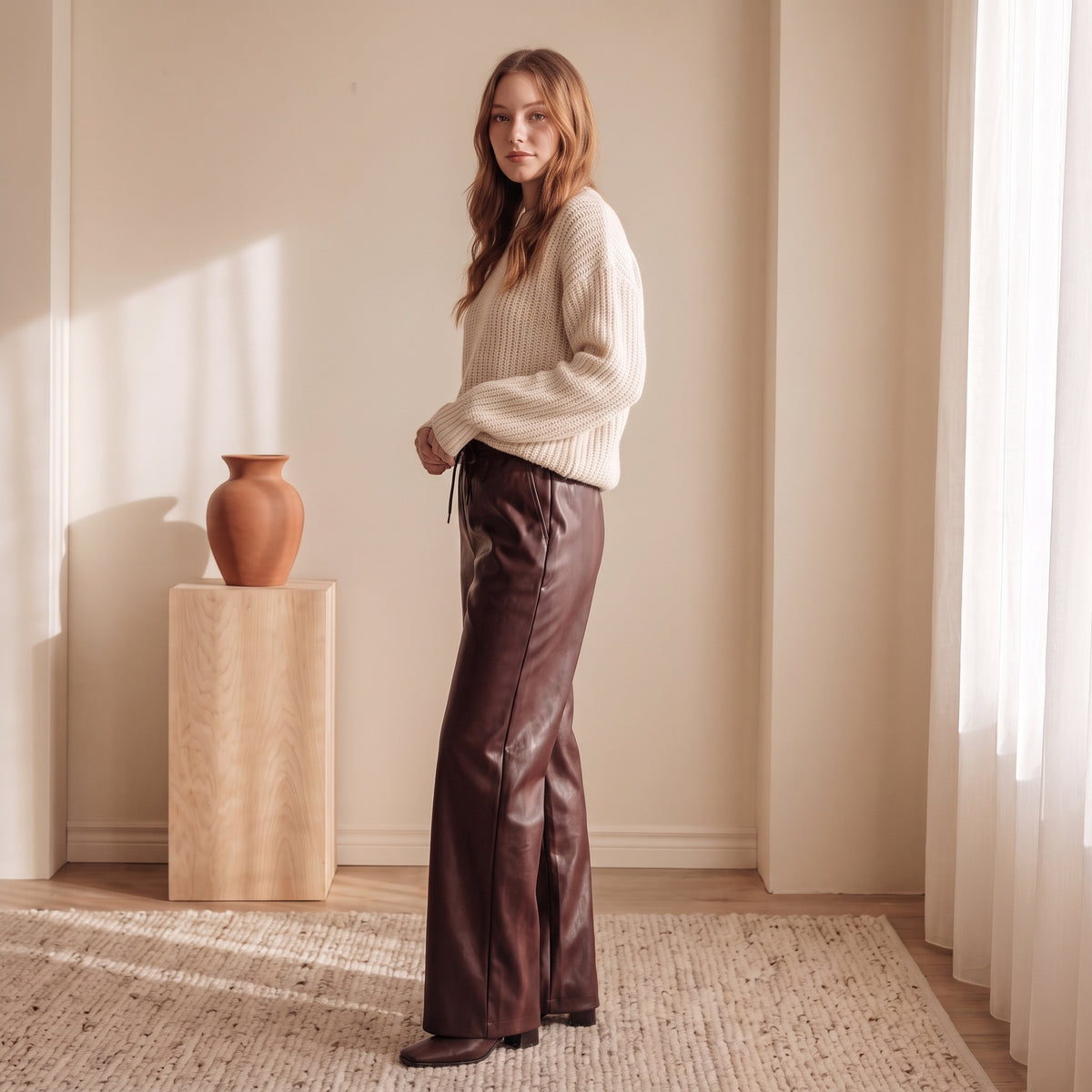 Simone burgundy faux-leather wide-leg pants side view by The Lode Lane
