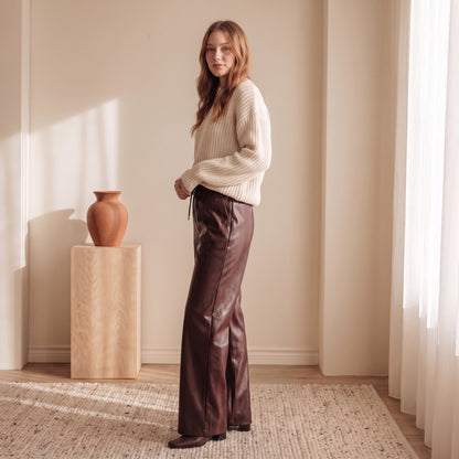 Simone burgundy faux-leather wide-leg pants side view by The Lode Lane