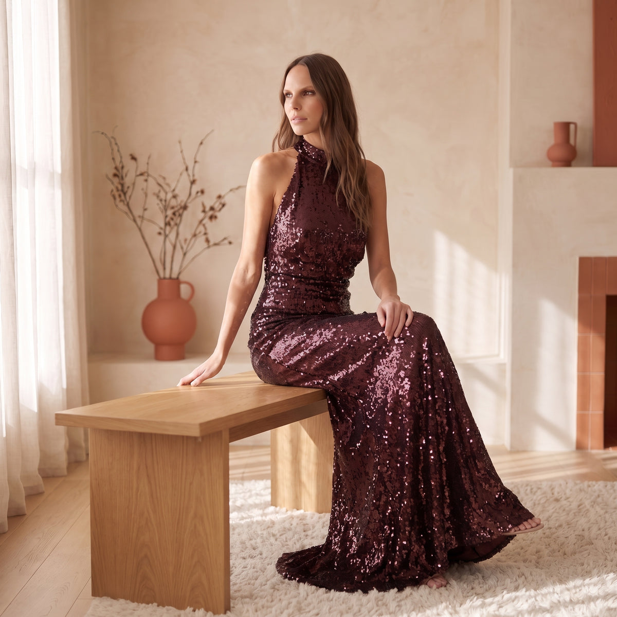 Ophelia burgundy sequin maxi dress back view by The Lode Lane