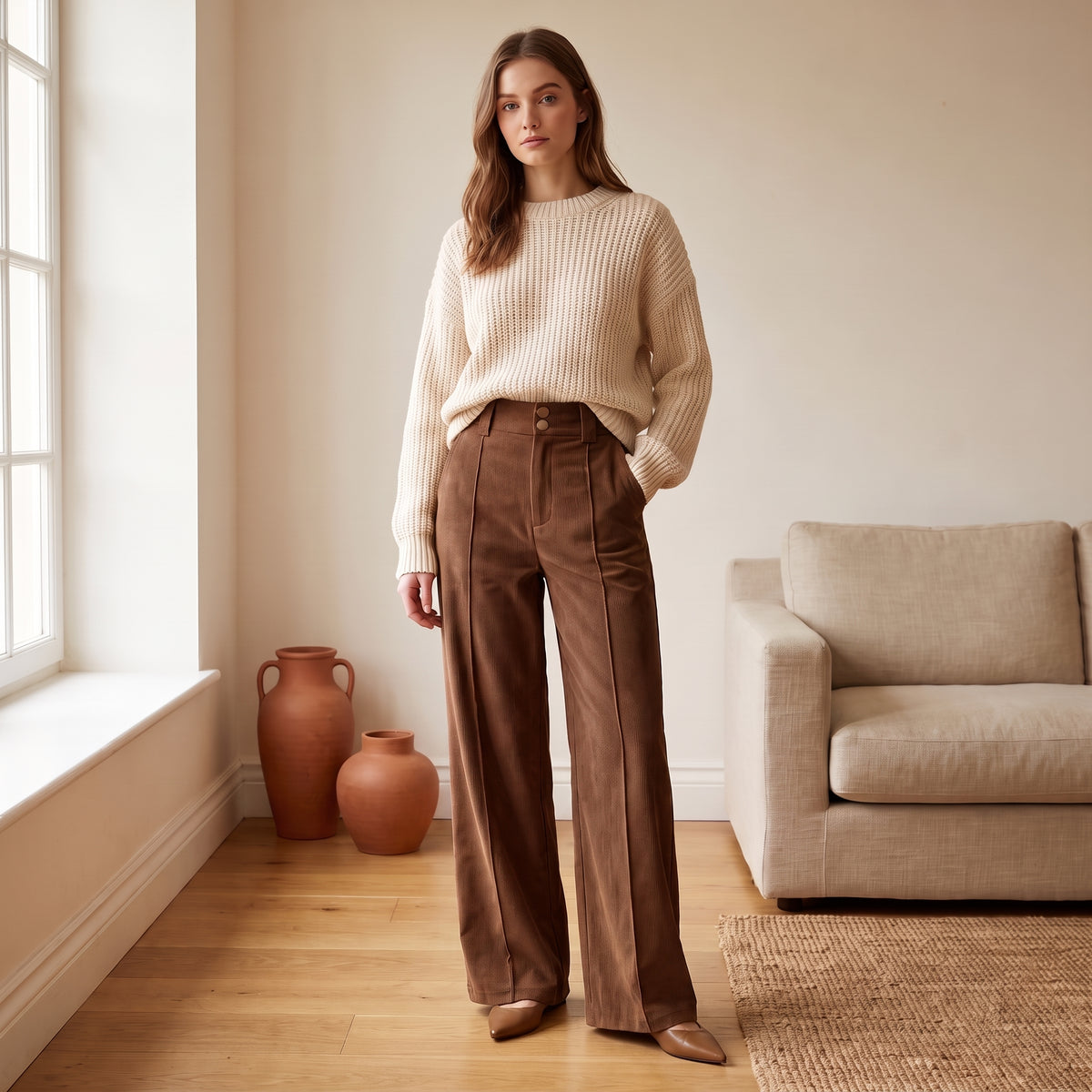 Freya chocolate wide-leg corduroy pants with a cream knit by The Lode Lane