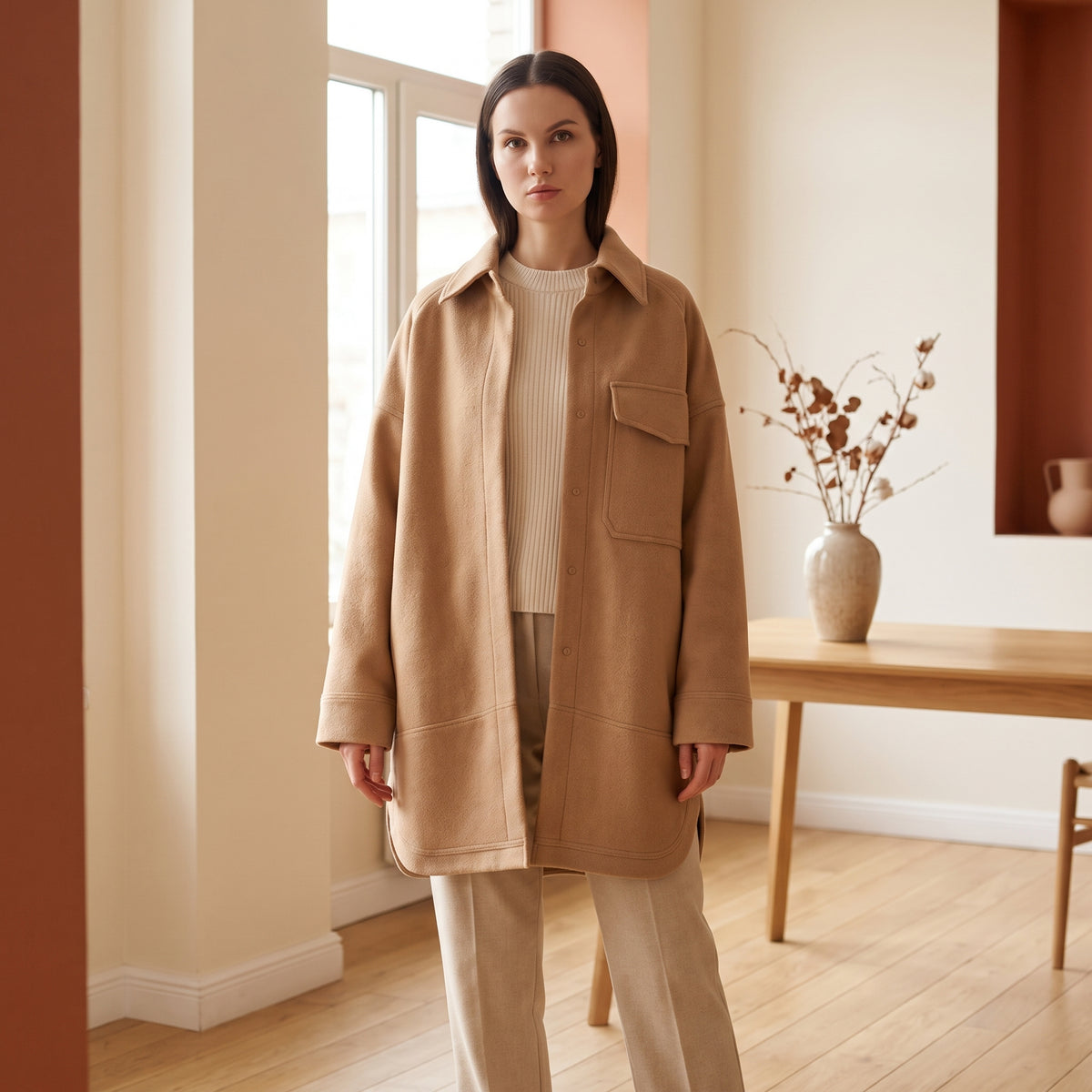 Leona camel wool shacket worn open over a cream knit by The Lode Lane