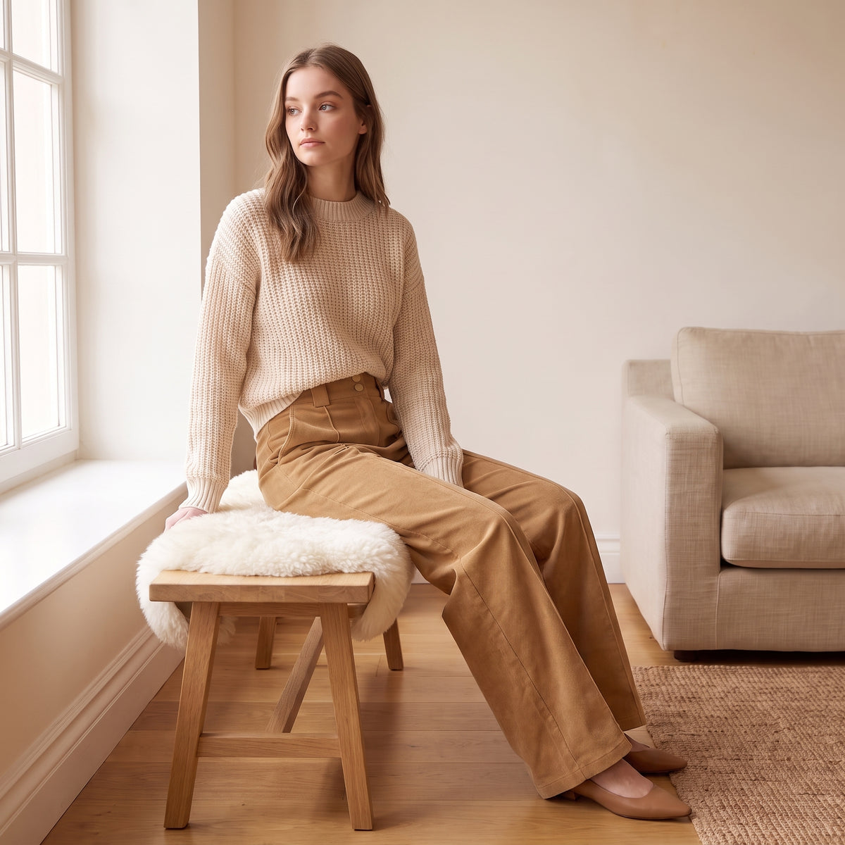 Elodie camel wide-leg corduroy pants seated by The Lode Lane