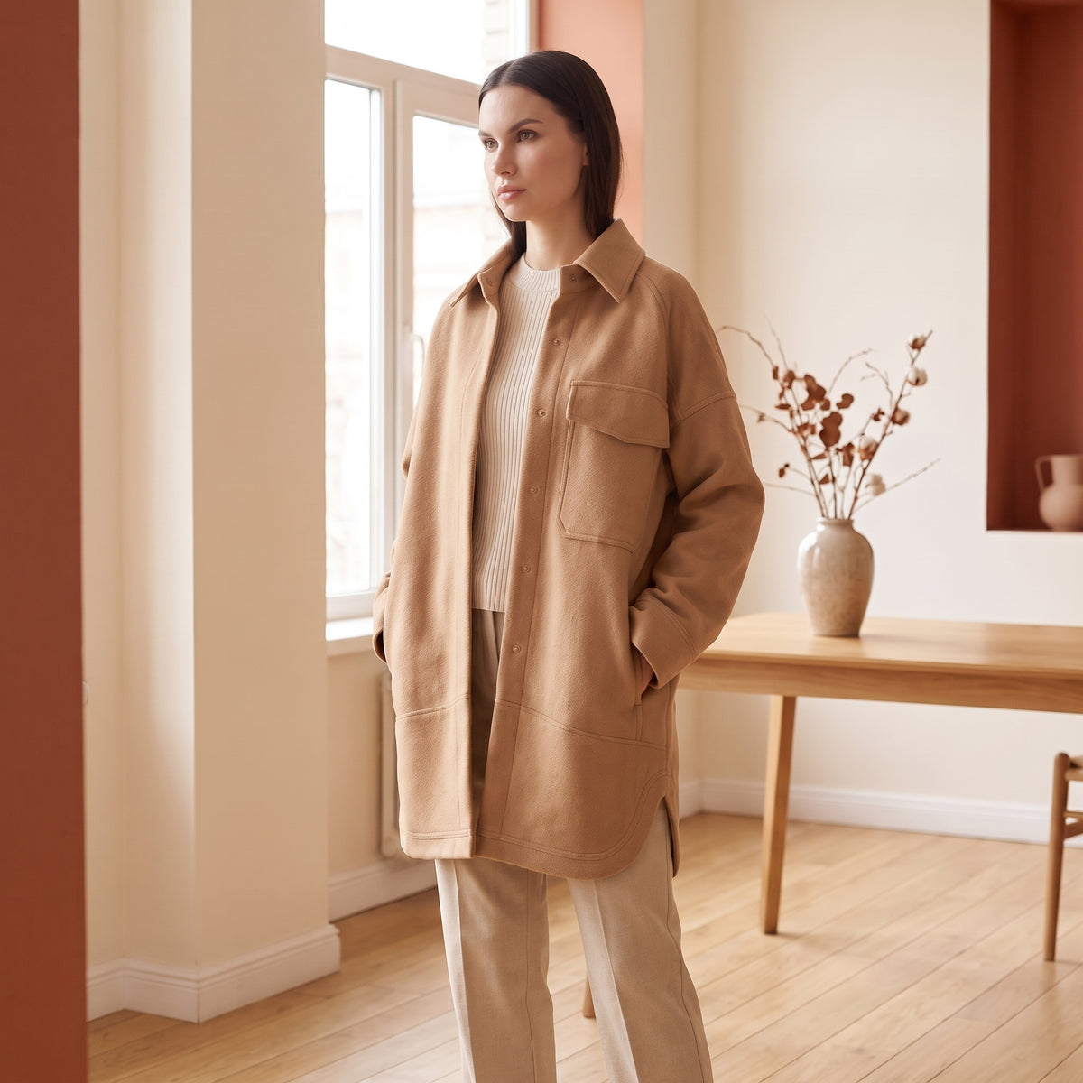 Leona camel wool shacket side view by The Lode Lane