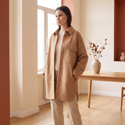 Leona camel wool shacket side view by The Lode Lane