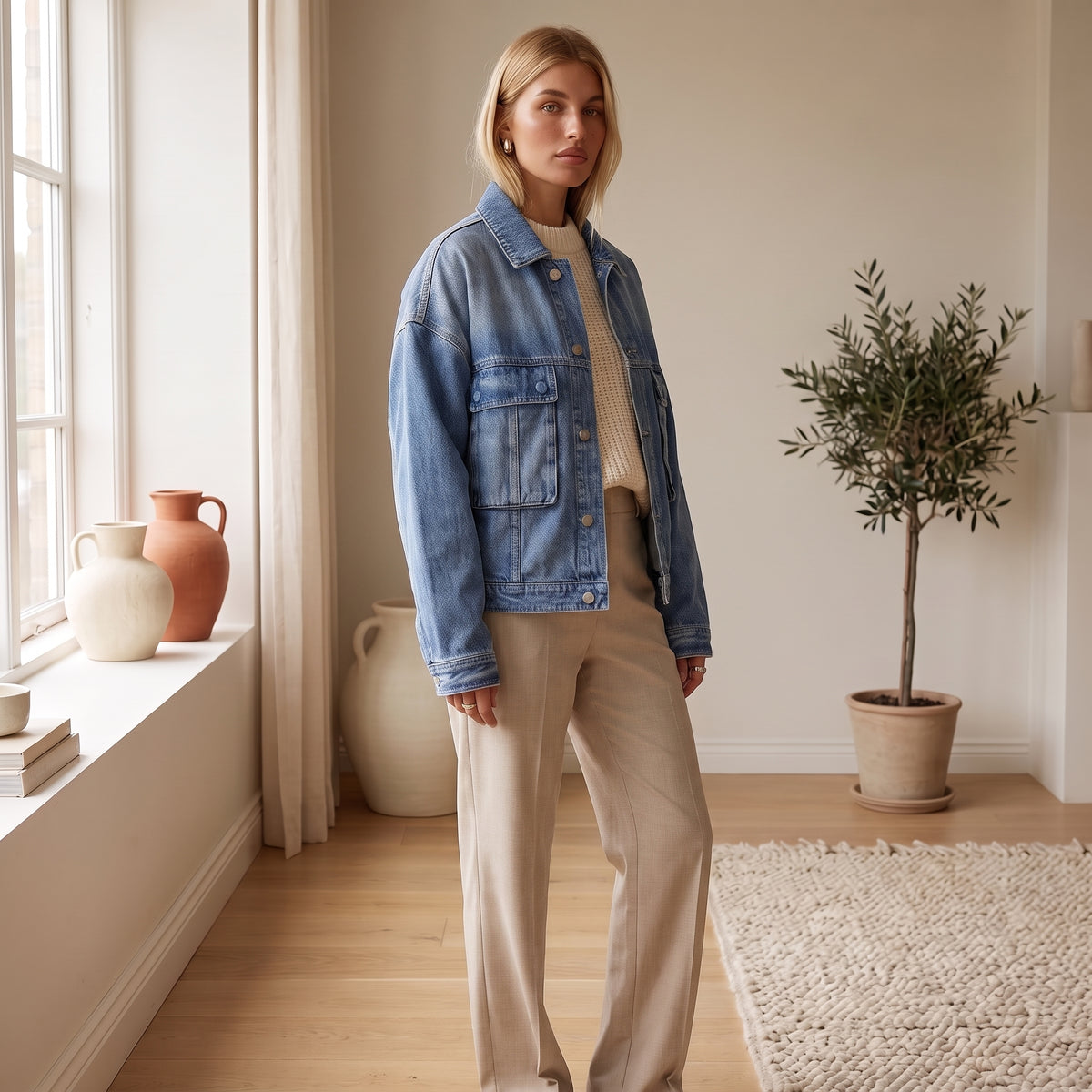 Sienna oversized blue denim jacket side view by The Lode Lane
