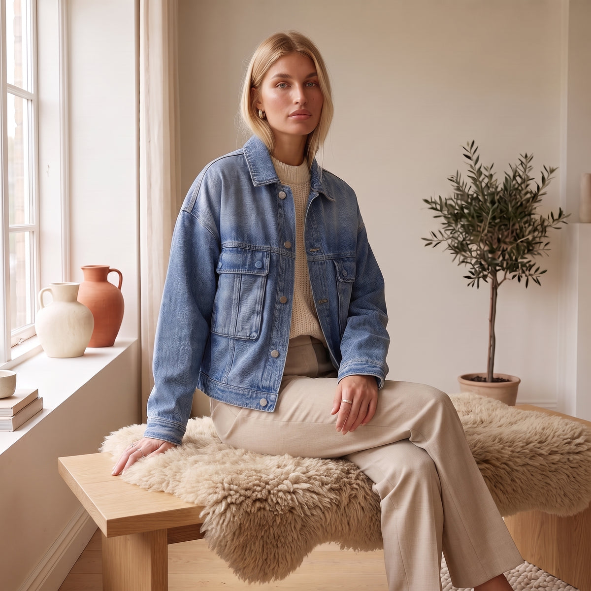 Sienna oversized blue denim jacket seated by The Lode Lane