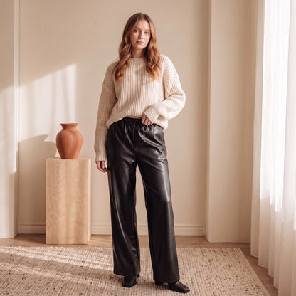 Lena black faux-leather wide-leg pants with a cream knit by The Lode Lane