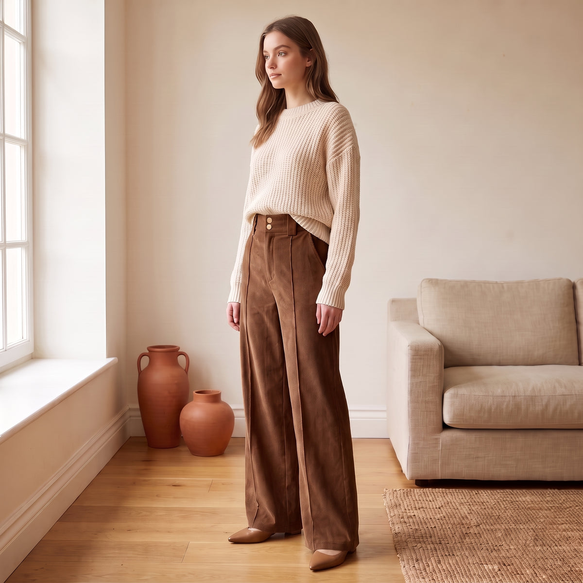 Freya chocolate wide-leg corduroy pants side view by The Lode Lane