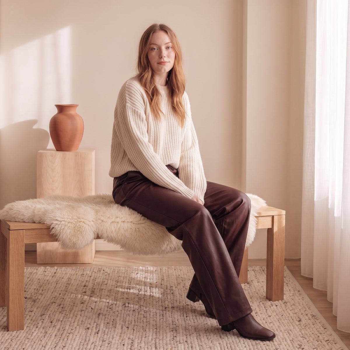 Simone burgundy faux-leather wide-leg pants seated by The Lode Lane