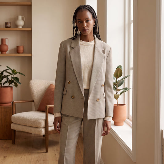 Margot brown houndstooth tailored blazer worn over a cream knit by The Lode Lane
