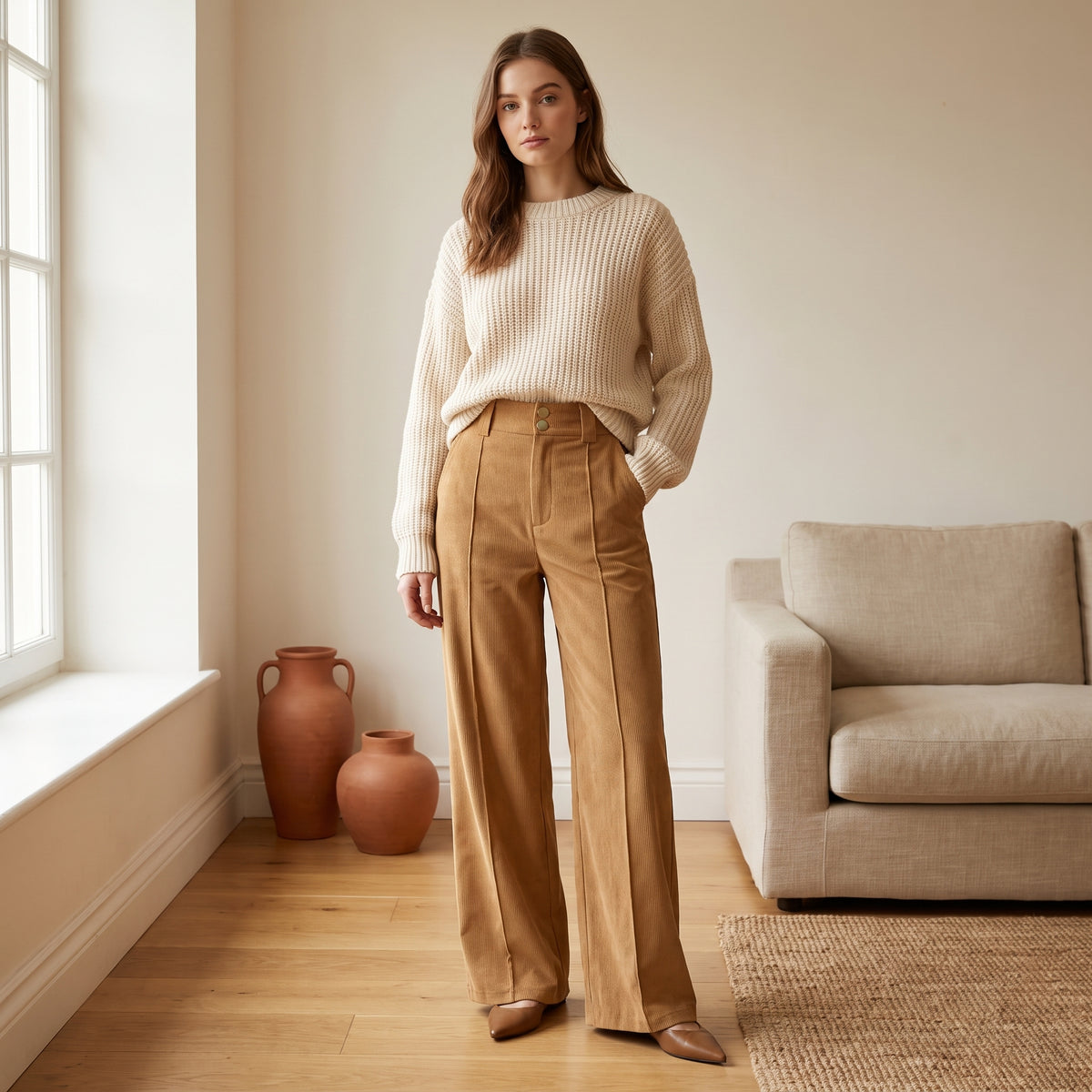 Elodie camel wide-leg corduroy pants with a cream knit by The Lode Lane