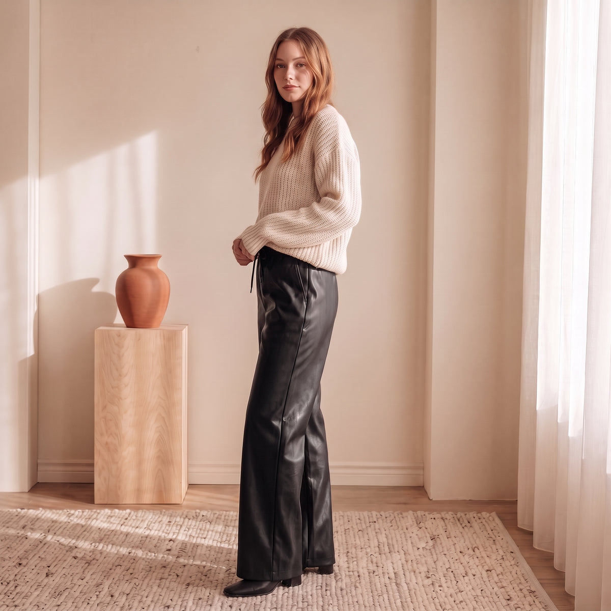 Lena black faux-leather wide-leg pants side view by The Lode Lane