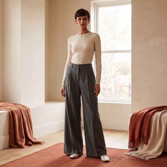 Wren charcoal pleated wide-leg trousers with a knit by The Lode Lane