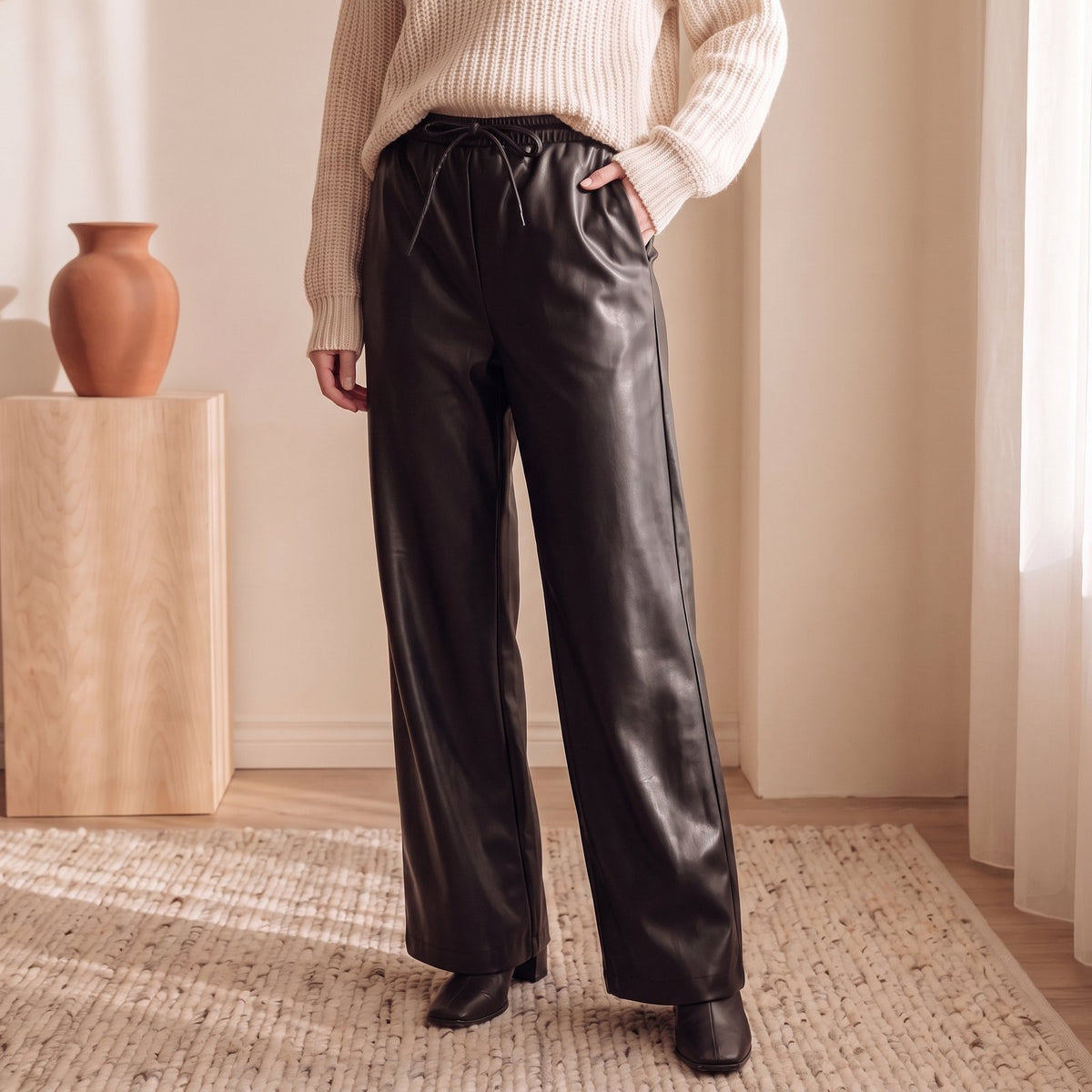 Black faux-leather wide-leg trousers, drawstring waist detail – The Lode Lane