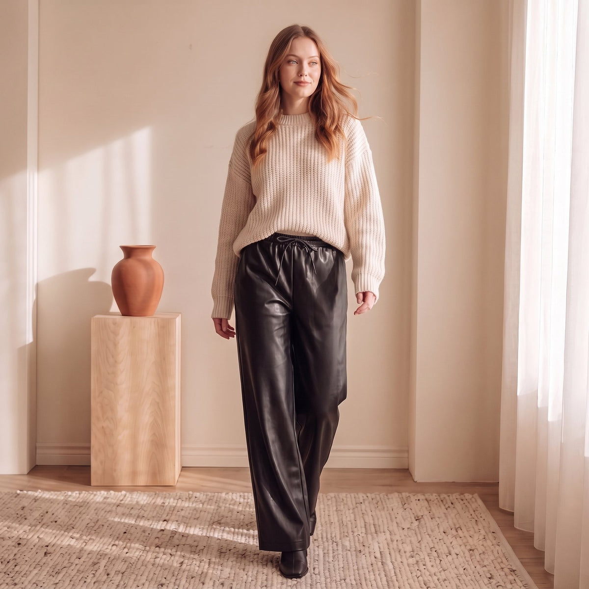 Woman wearing black faux-leather wide-leg trousers and cream knit – The Lode Lane