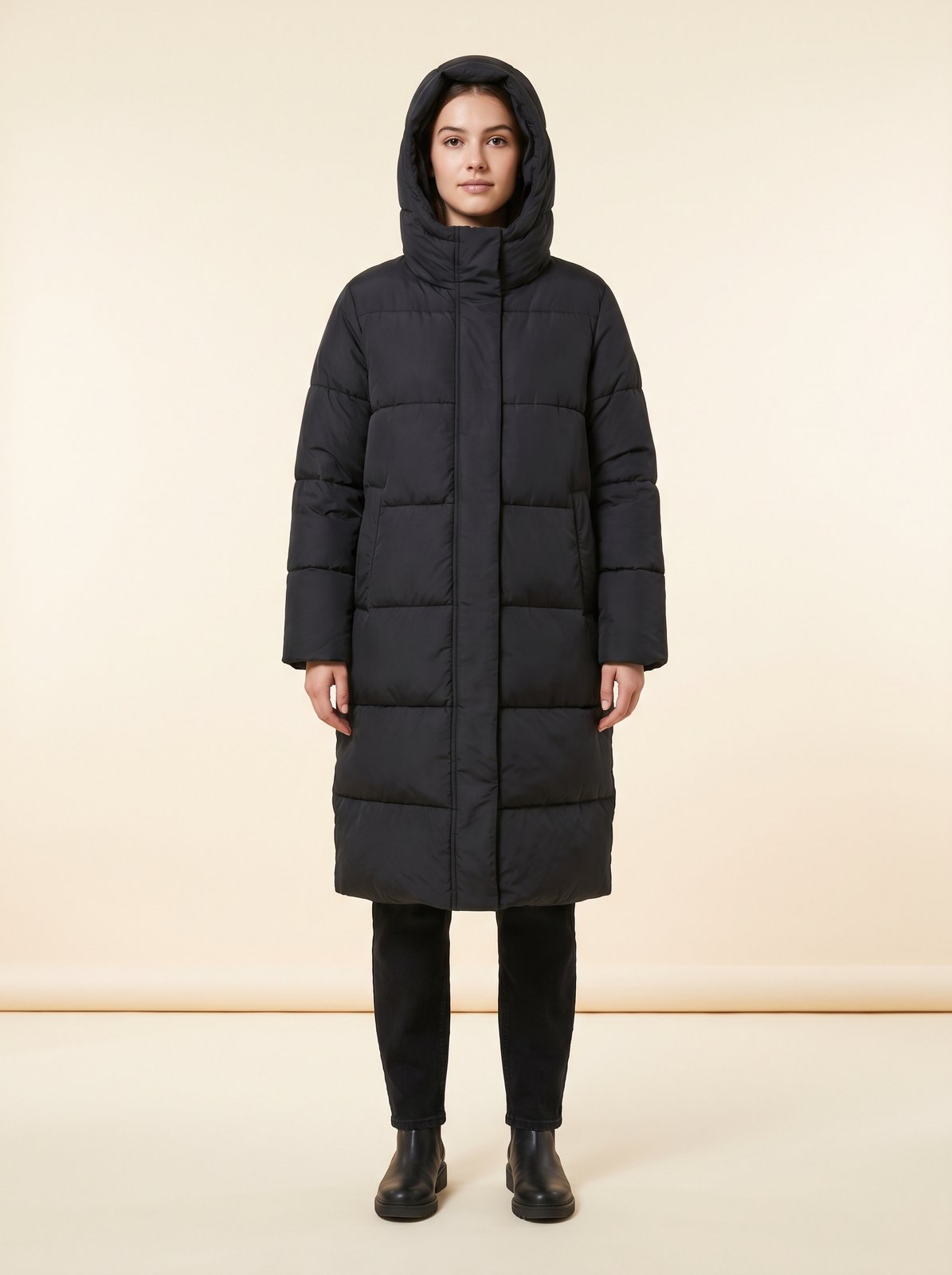 Black long hooded puffer jacket by Lode Lane