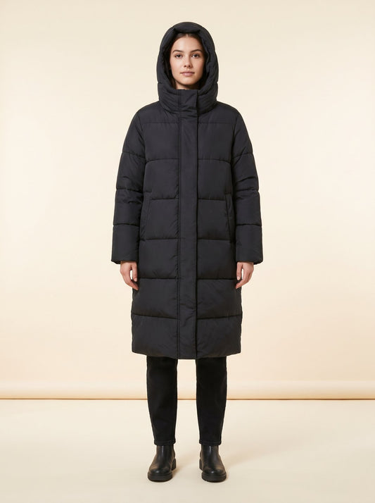Black long hooded puffer jacket by Lode Lane