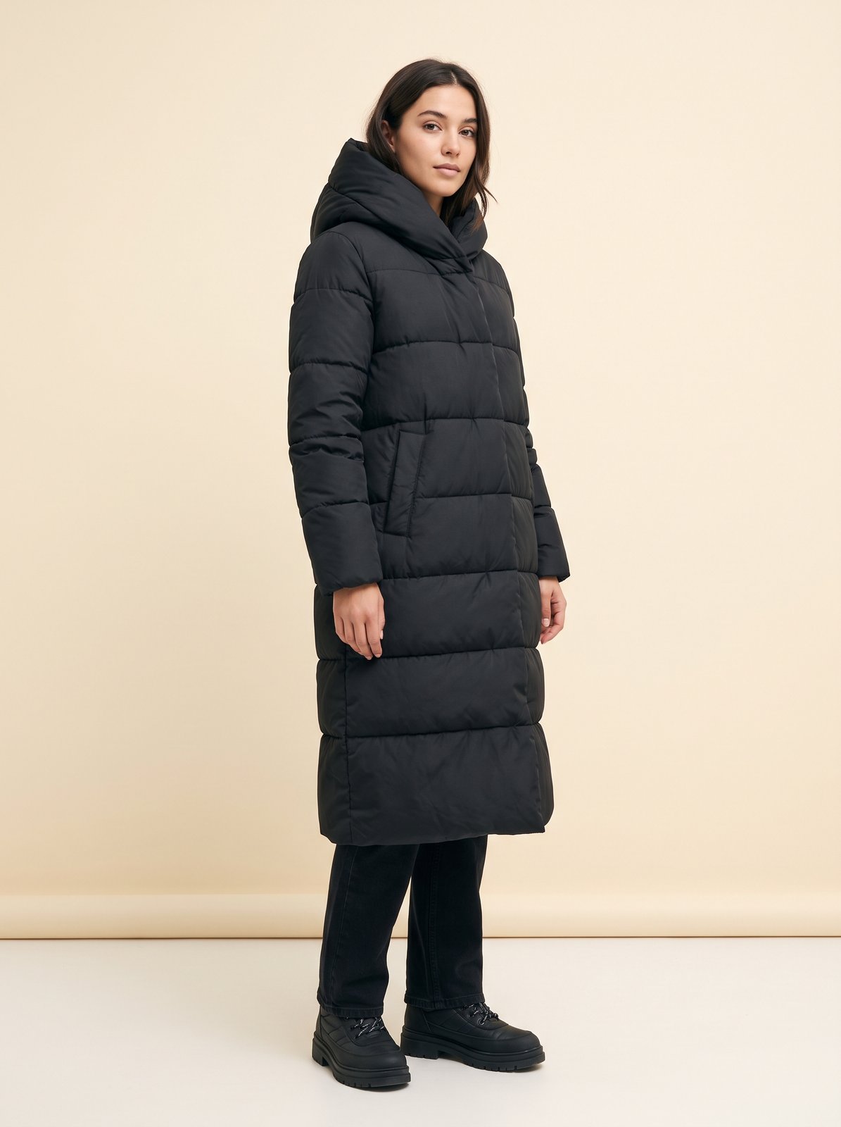 Black long hooded puffer jacket by Lode Lane
