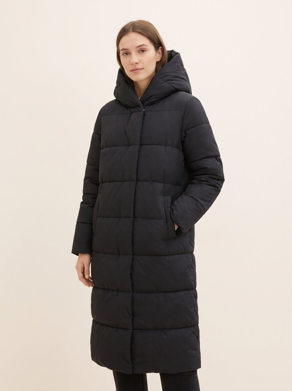 Black long hooded puffer jacket by Lode Lane