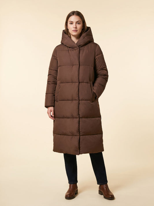 Chocolate long hooded puffer jacket by Lode Lane
