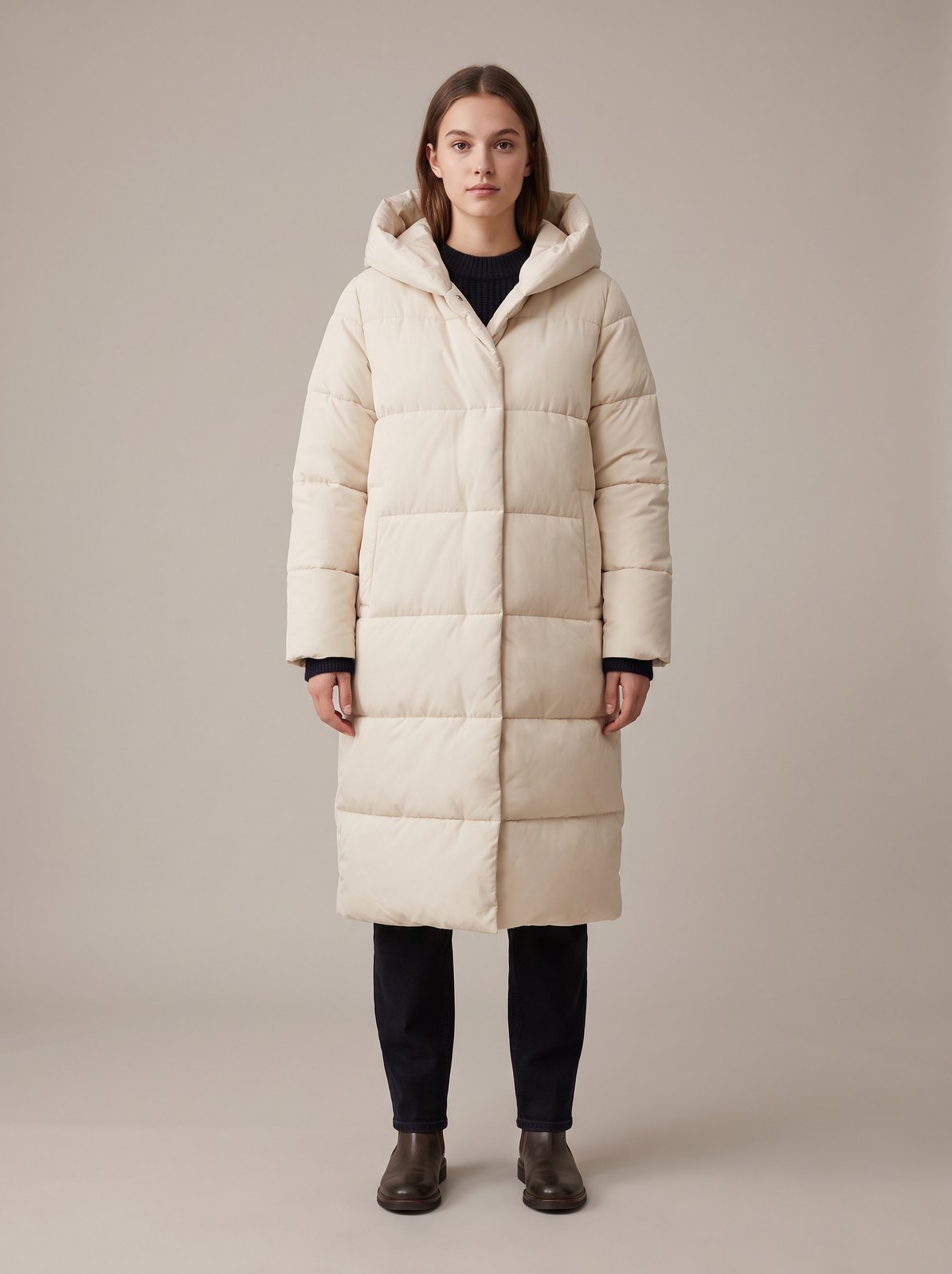Cream long hooded puffer jacket by Lode Lane