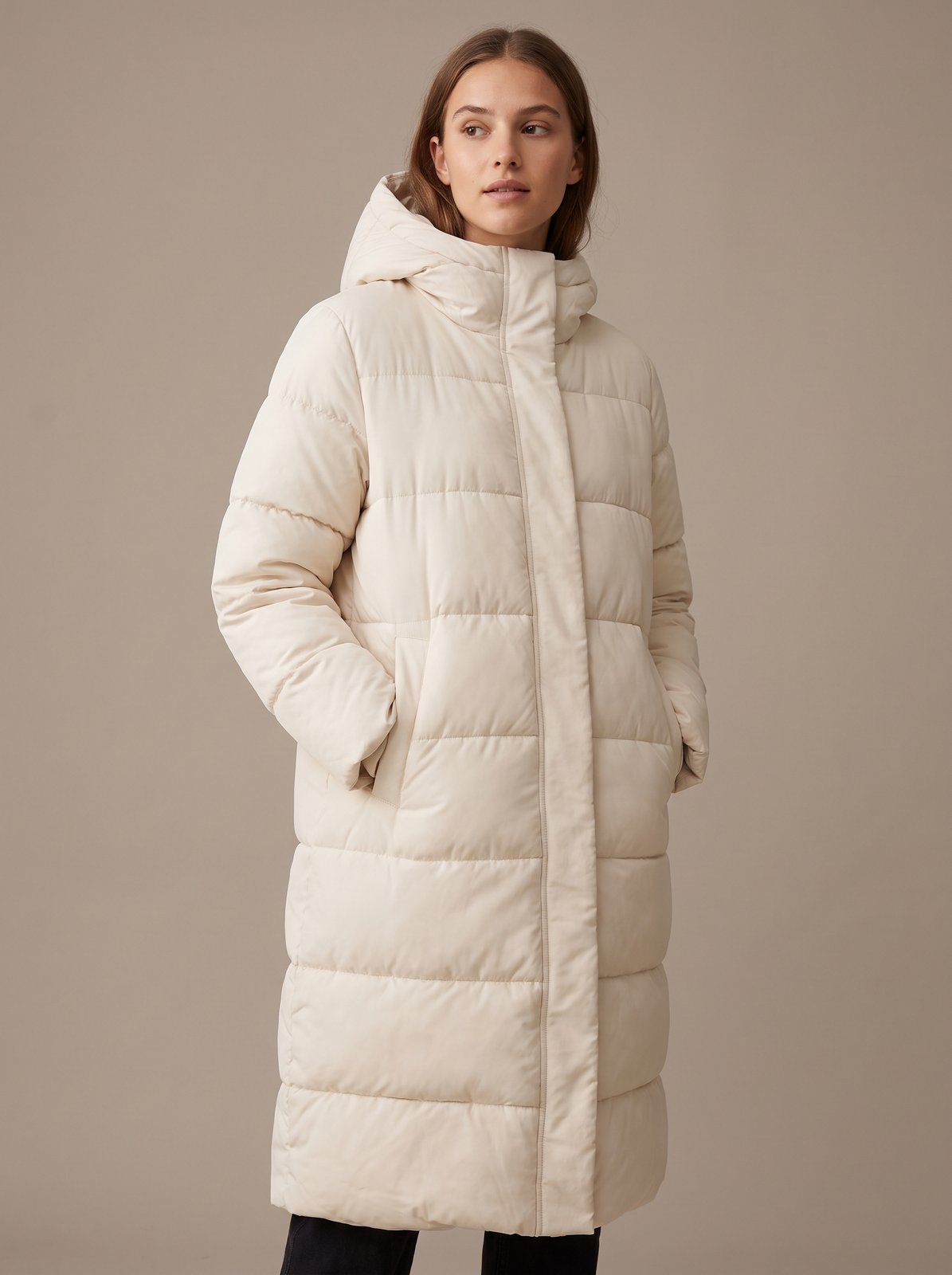 Cream long hooded puffer jacket by Lode Lane