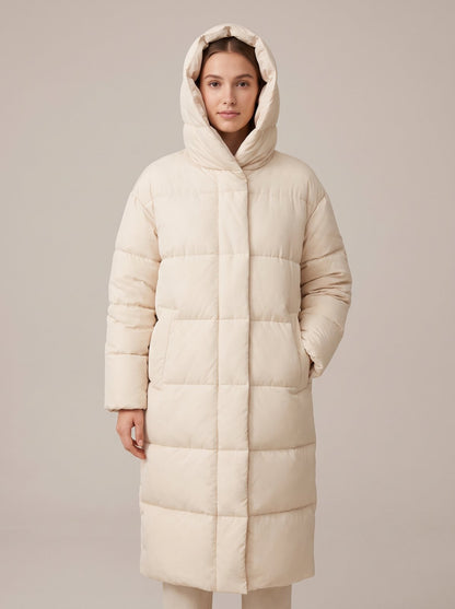 Cream long hooded puffer jacket by Lode Lane