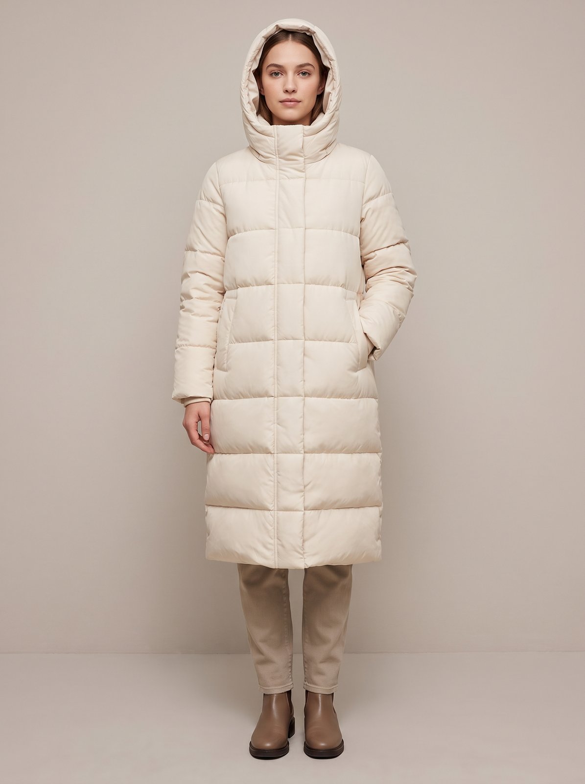 Cream long hooded puffer jacket by Lode Lane