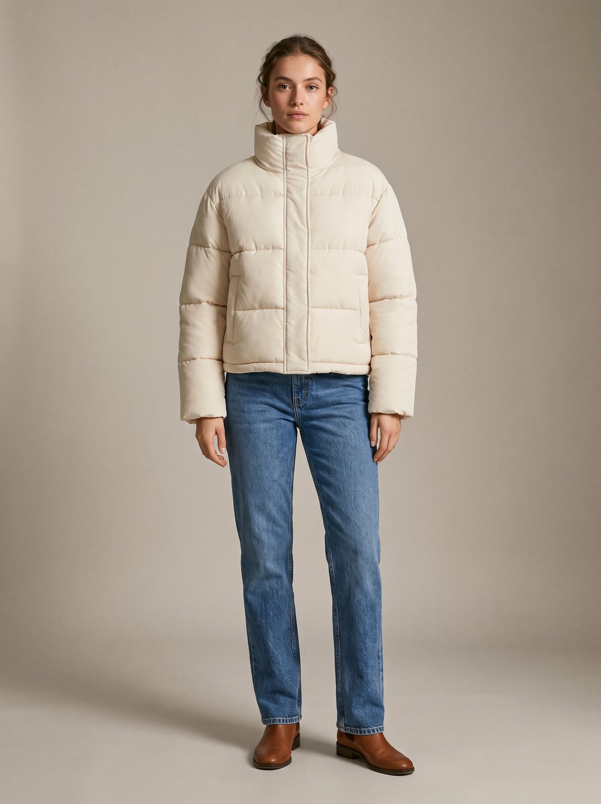 Cream cropped puffer jacket by Lode Lane