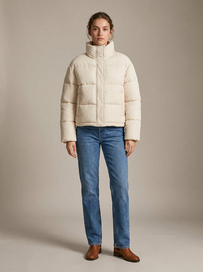 Cream cropped puffer jacket by Lode Lane
