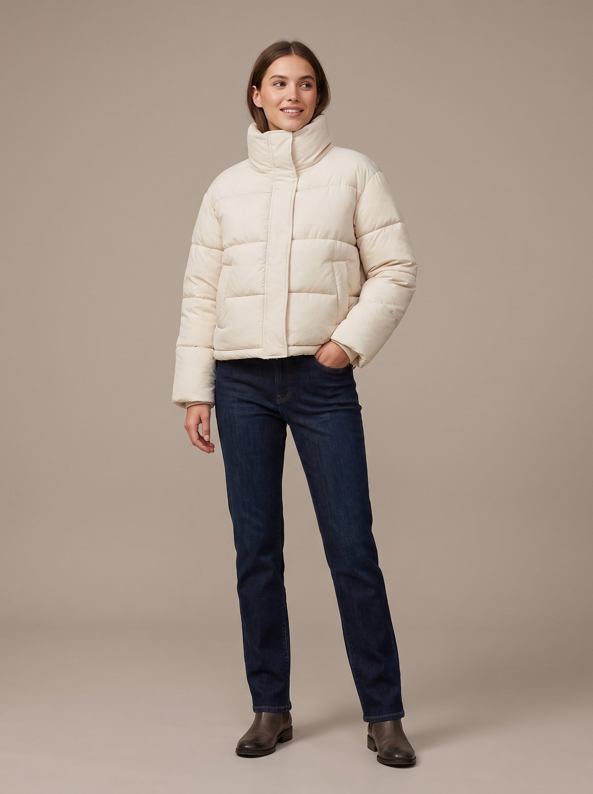 Cream cropped puffer jacket by Lode Lane