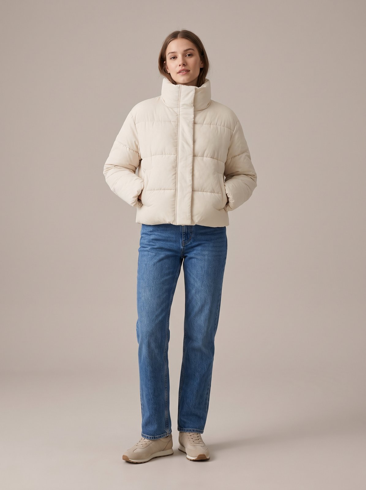 Cream cropped puffer jacket by Lode Lane