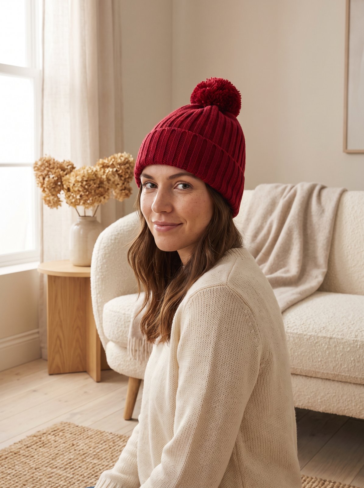 Cherry Red Pom Beanie Hat by The Lode Lane