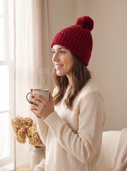 Cherry Red Pom Beanie Hat by The Lode Lane